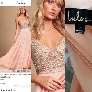 Lulus True Love Blush Beaded Rhinestone Maxi Dress Gown Size 2